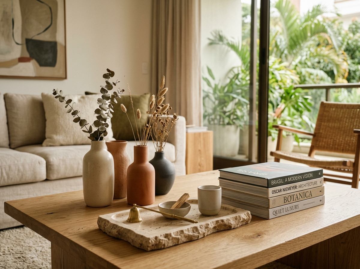 Vasos, livros e objetos de decoração sobre mesa de madeira