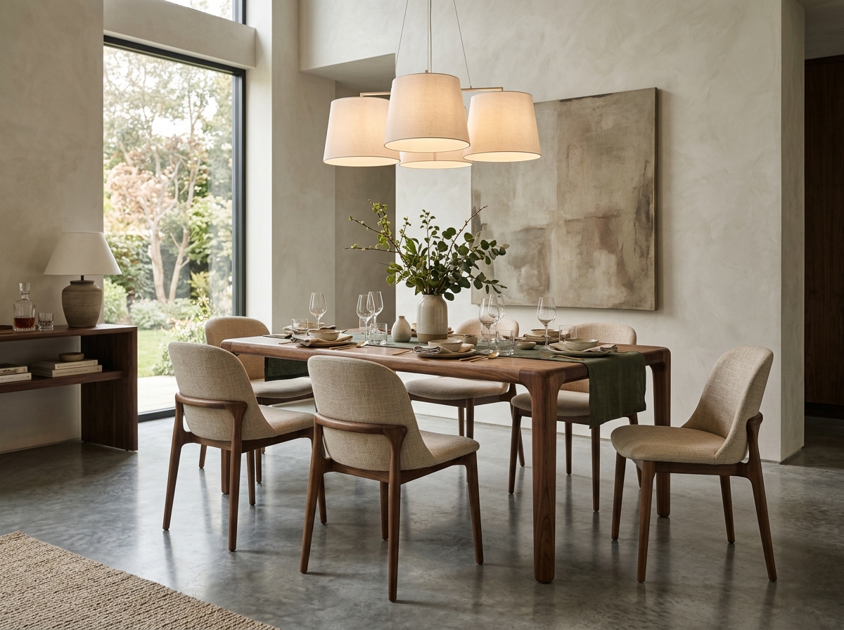 Mesa de jantar em madeira com cadeiras estofadas e iluminação pendente