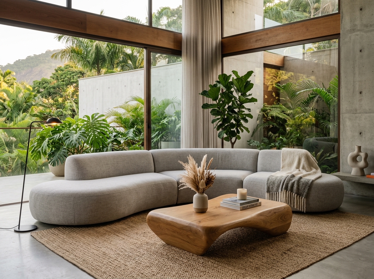 Living contemporâneo com sofá curvo, acabamentos nobres e vegetação no showroom da Guilherme Interiores em Cuiabá