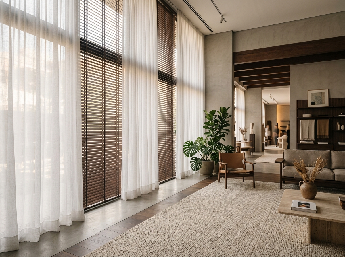 Cortinas e persianas de piso ao teto em living contemporâneo